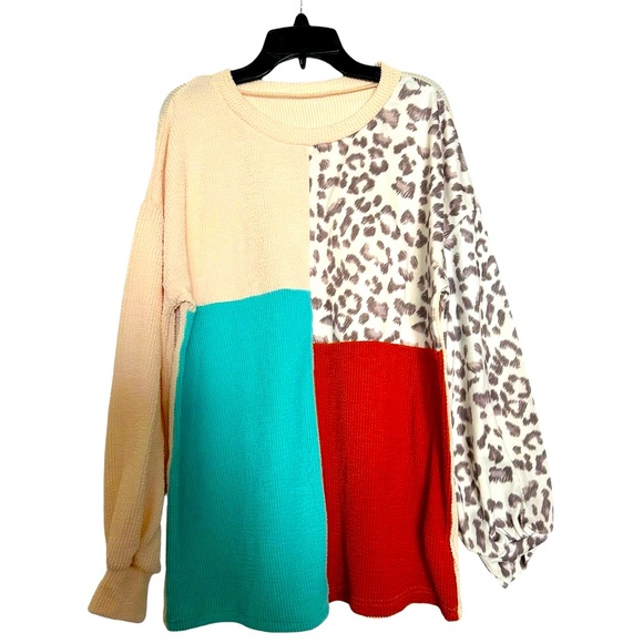 Women’s Crewneck Casual Long Sleeve Patchwork Printed Pullover Knit Sweater - Picture 5 of 9